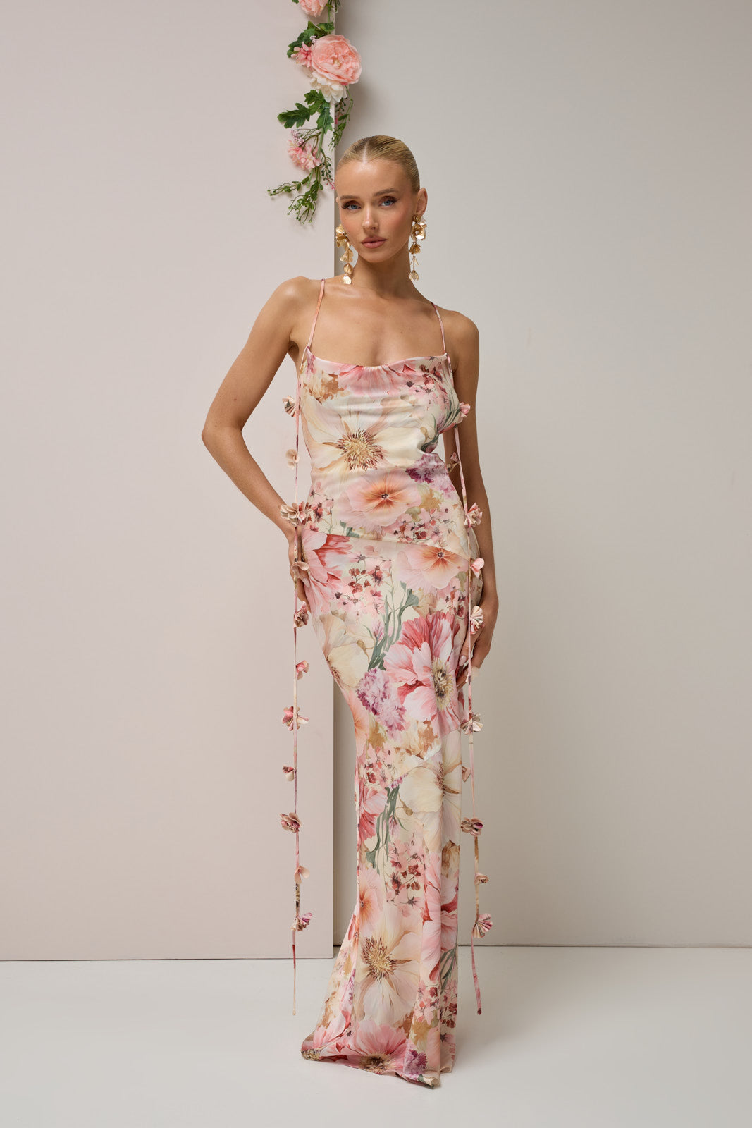 ARIA SATIN COWL NECK  MAXI DRESS WITH FLOWER DETAIL | FLORAL PRINT