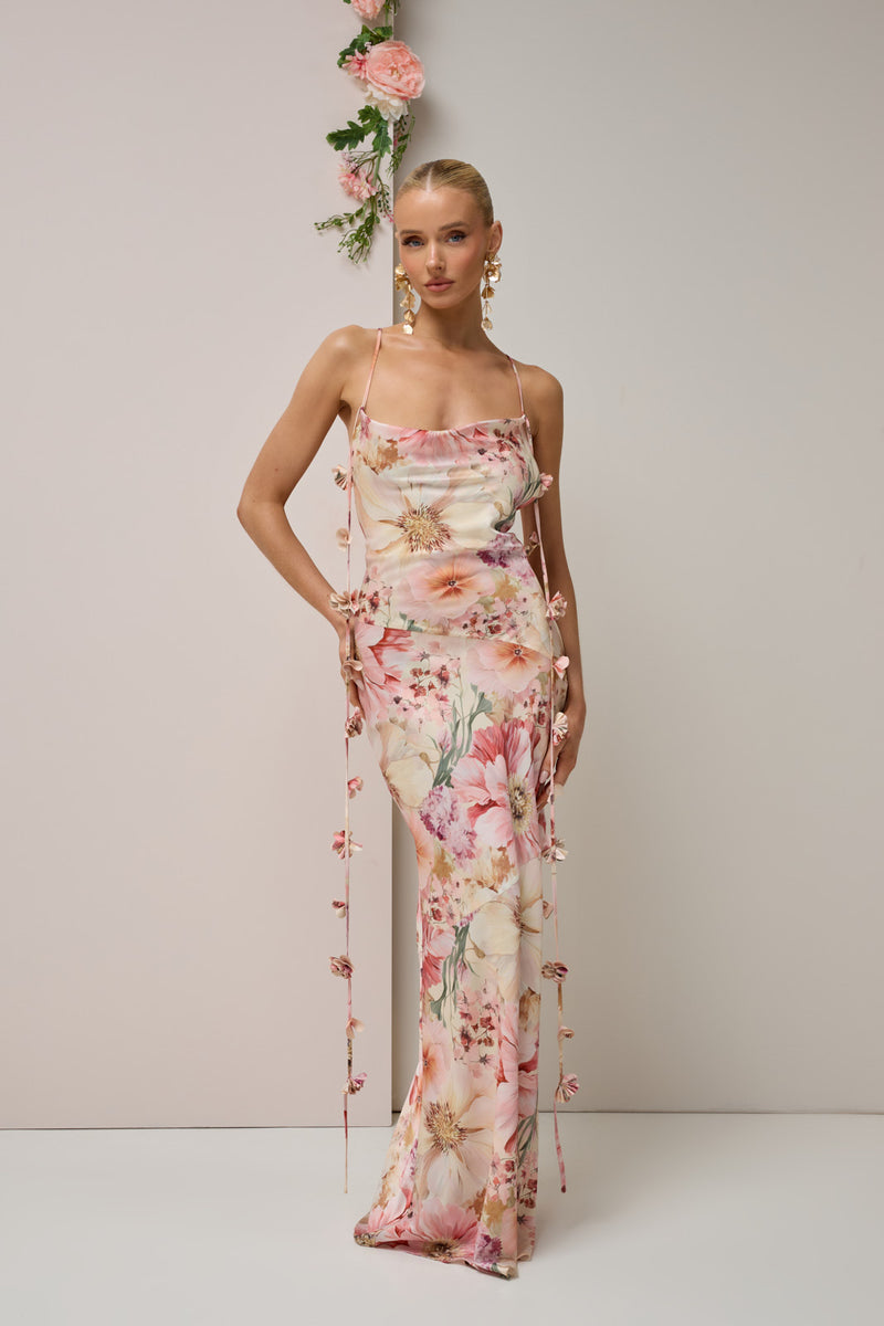 ARIA SATIN COWL NECK  MAXI DRESS WITH FLOWER DETAIL | FLORAL PRINT