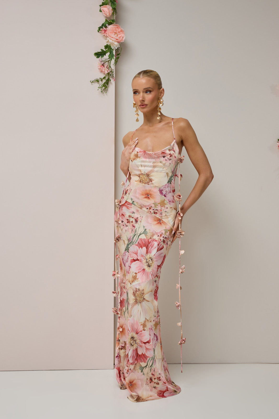 ARIA SATIN COWL NECK  MAXI DRESS WITH FLOWER DETAIL | FLORAL PRINT