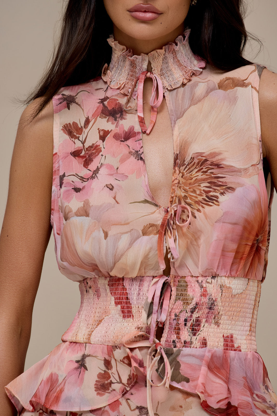 PRIMROSE SLEEVELESS HIGH-NECK LACE UP TOP | FLORAL PRINT