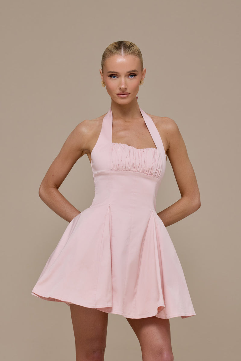 MARILYN HALTER NECK MINI DRESS | BABY PINK