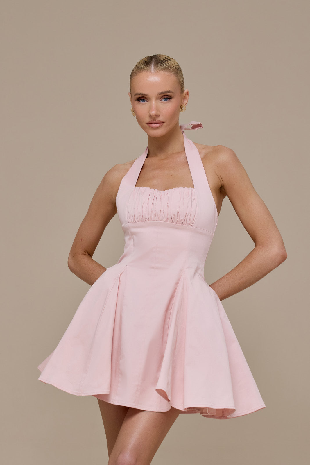 MARILYN HALTER NECK MINI DRESS | BABY PINK