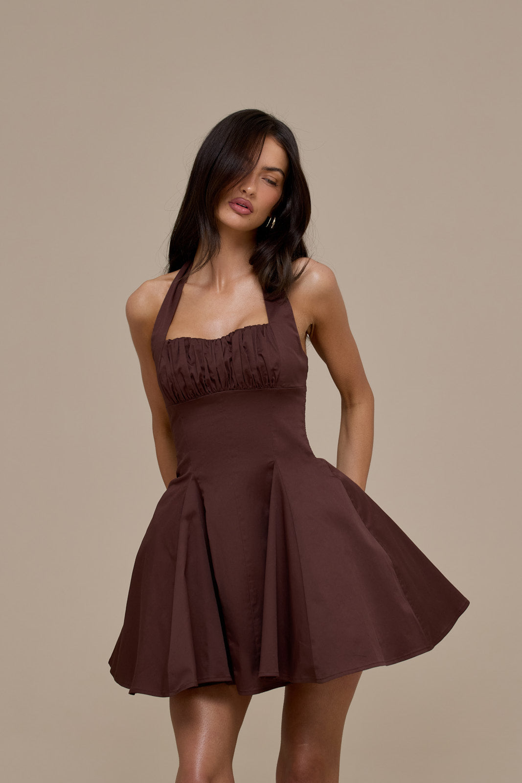 MARILYN HALTER NECK MINI DRESS | CHOCOLATE BROWN