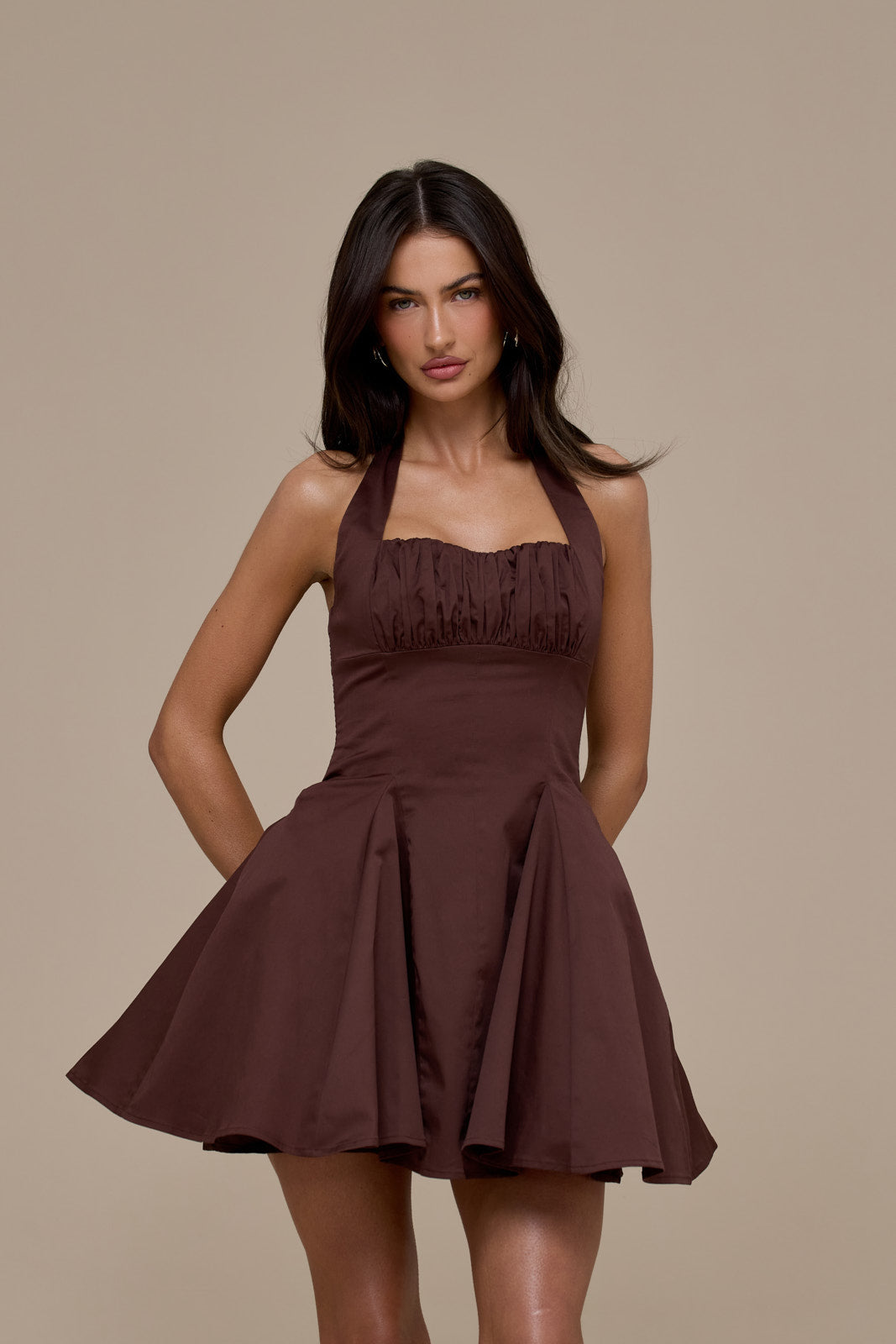 MARILYN HALTER NECK MINI DRESS | CHOCOLATE BROWN