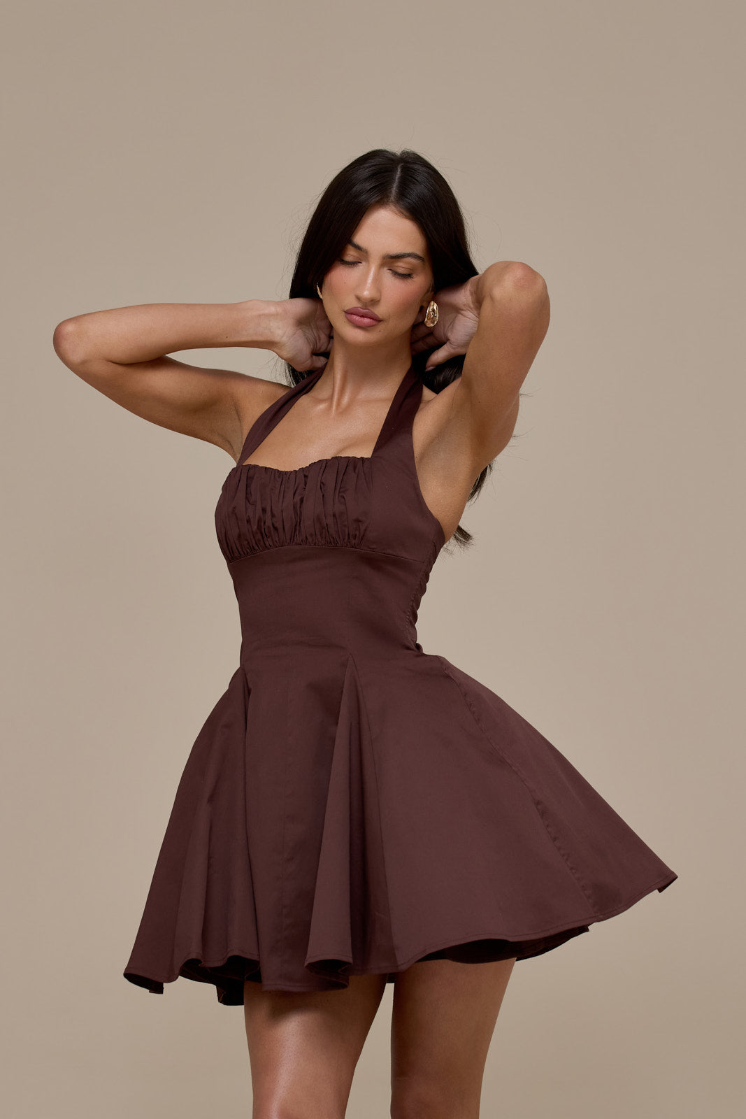 MARILYN HALTER NECK MINI DRESS | CHOCOLATE BROWN