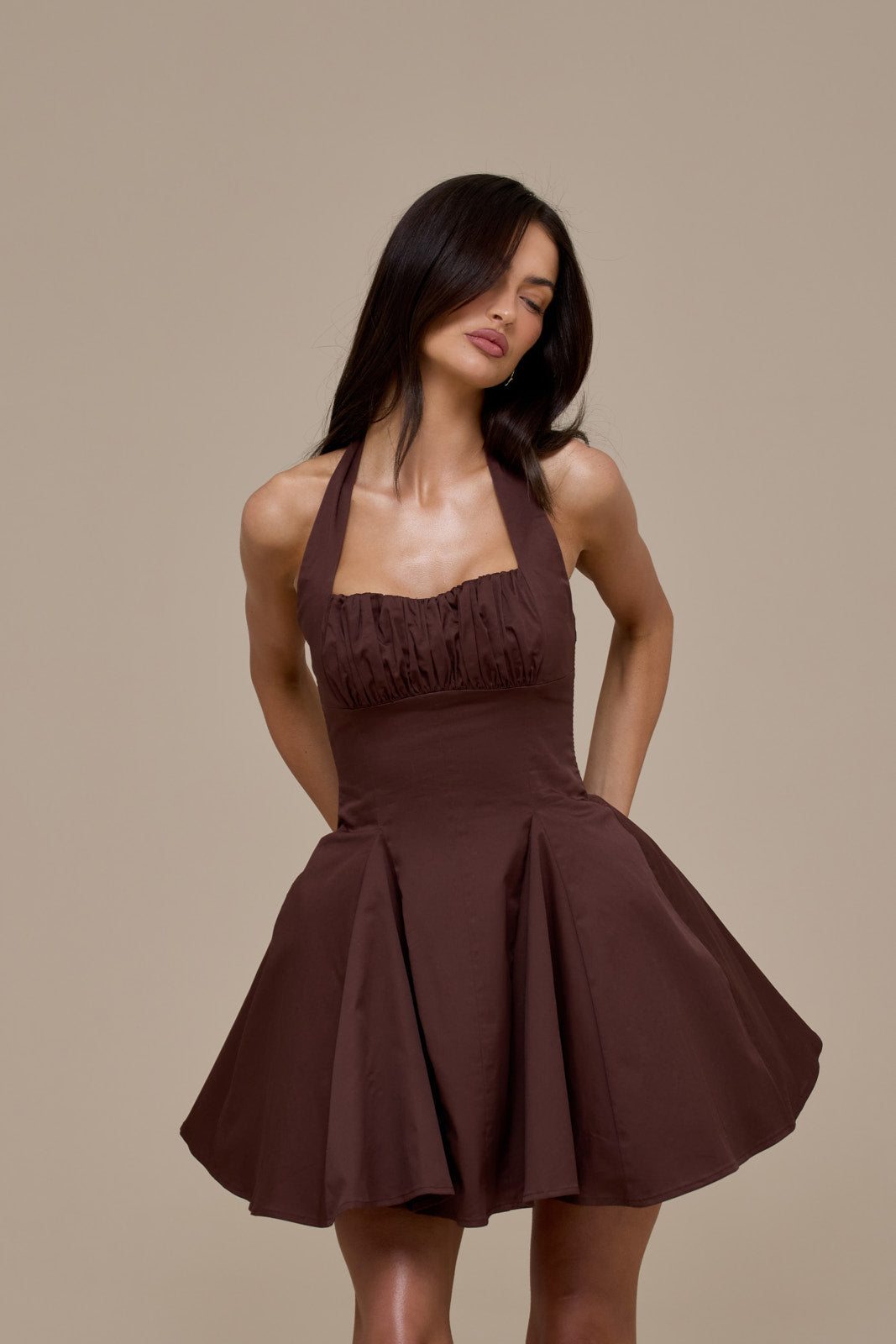 MARILYN HALTER NECK MINI DRESS | CHOCOLATE BROWN