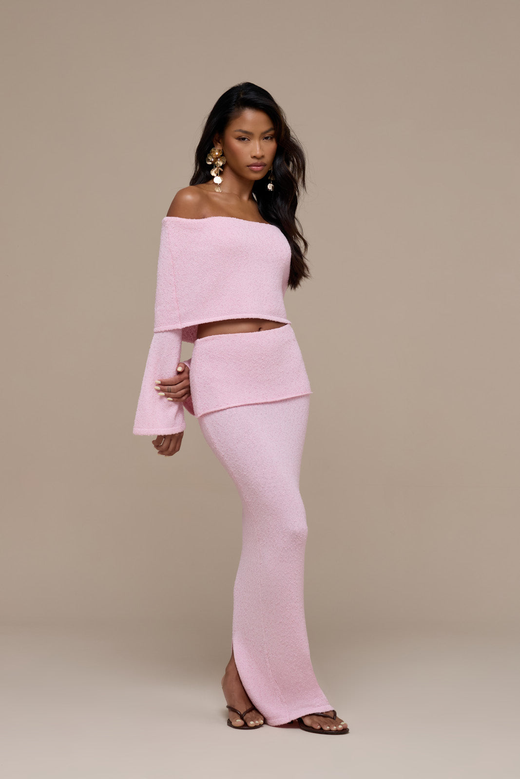 YASMIN BOUCLE LONG SLEEVE BARDOT TOP | BABY PINK