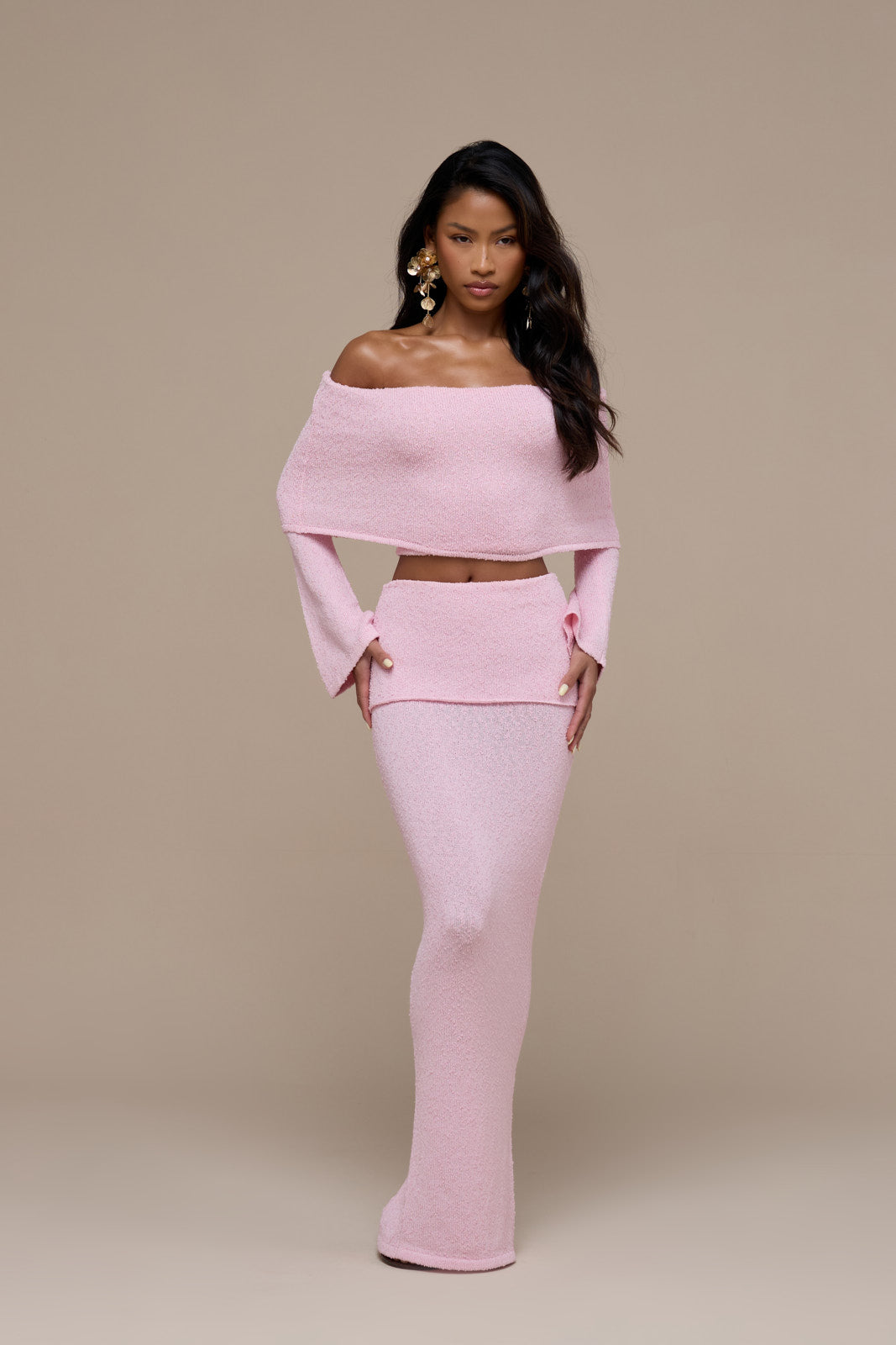 YASMIN BOUCLE LONG SLEEVE BARDOT TOP | BABY PINK