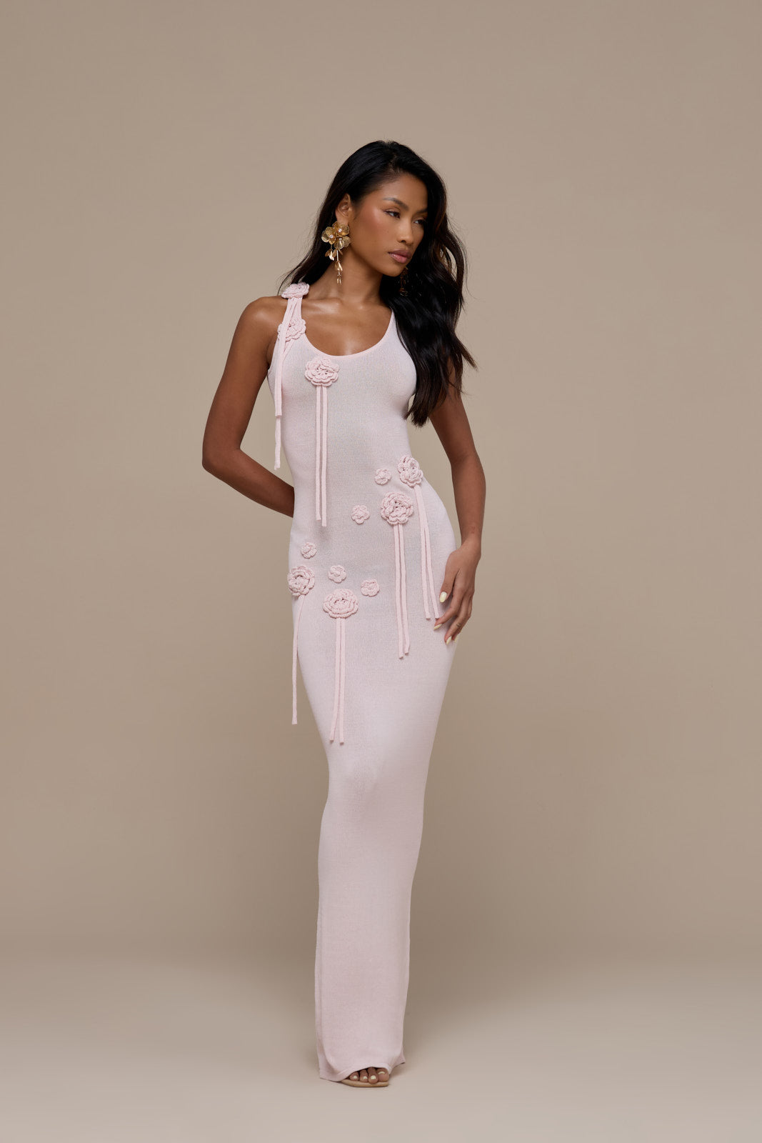 LILLY KNITTED MAXI DRESS WITH CROCHET FLOWER DETAIL | BABY PINK