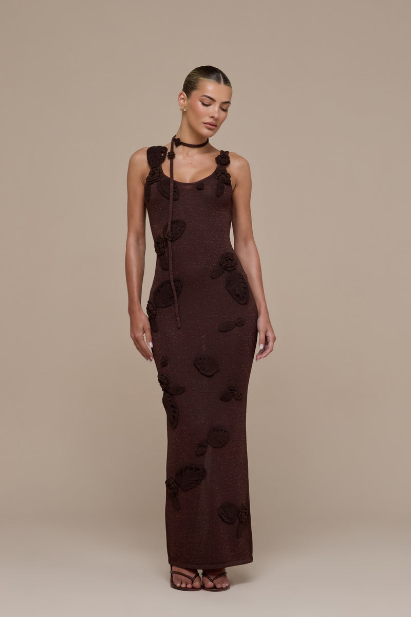 EDEN KNITTED MAXI DRESS WITH FLORAL APPLIQUÉ | CHOCOLATE