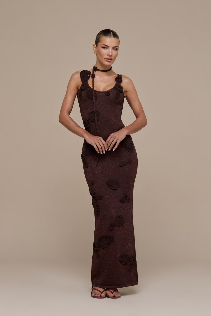 EDEN KNITTED MAXI DRESS WITH FLORAL APPLIQUÉ | CHOCOLATE