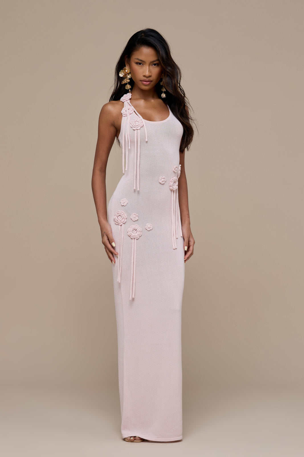 LILLY KNITTED MAXI DRESS WITH CROCHET FLOWER DETAIL | BABY PINK