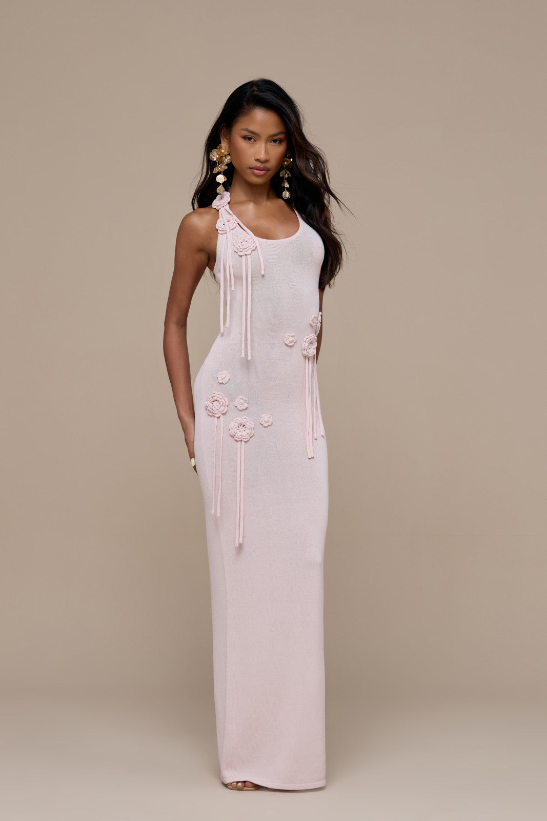 LILLY KNITTED MAXI DRESS WITH CROCHET FLOWER DETAIL | BABY PINK