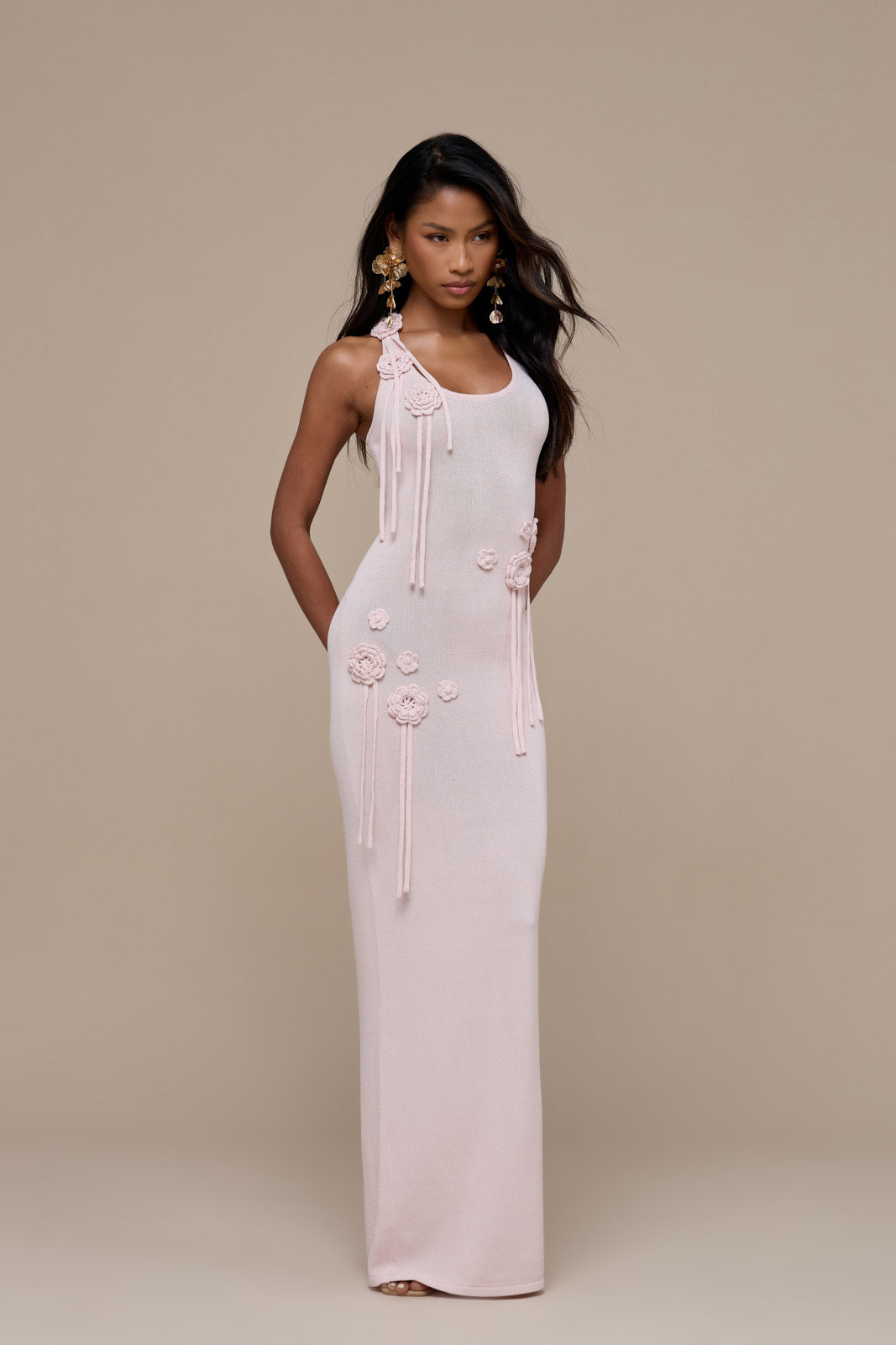 LILLY KNITTED MAXI DRESS WITH CROCHET FLOWER DETAIL | BABY PINK