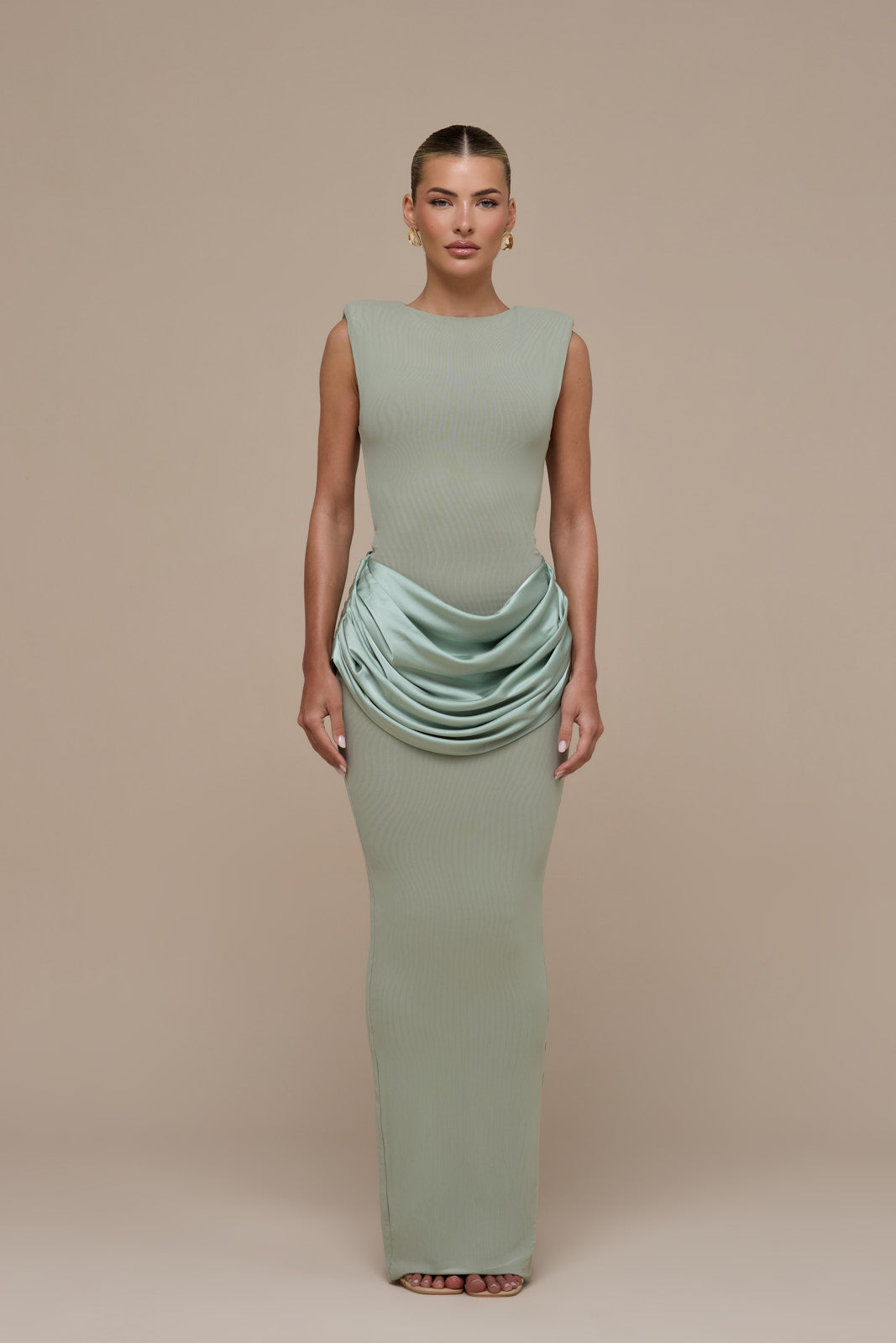 EMAN SLEEVELESS MAXI DRESS WITH SATIN DRAPED WAIST DETAIL | SAGE