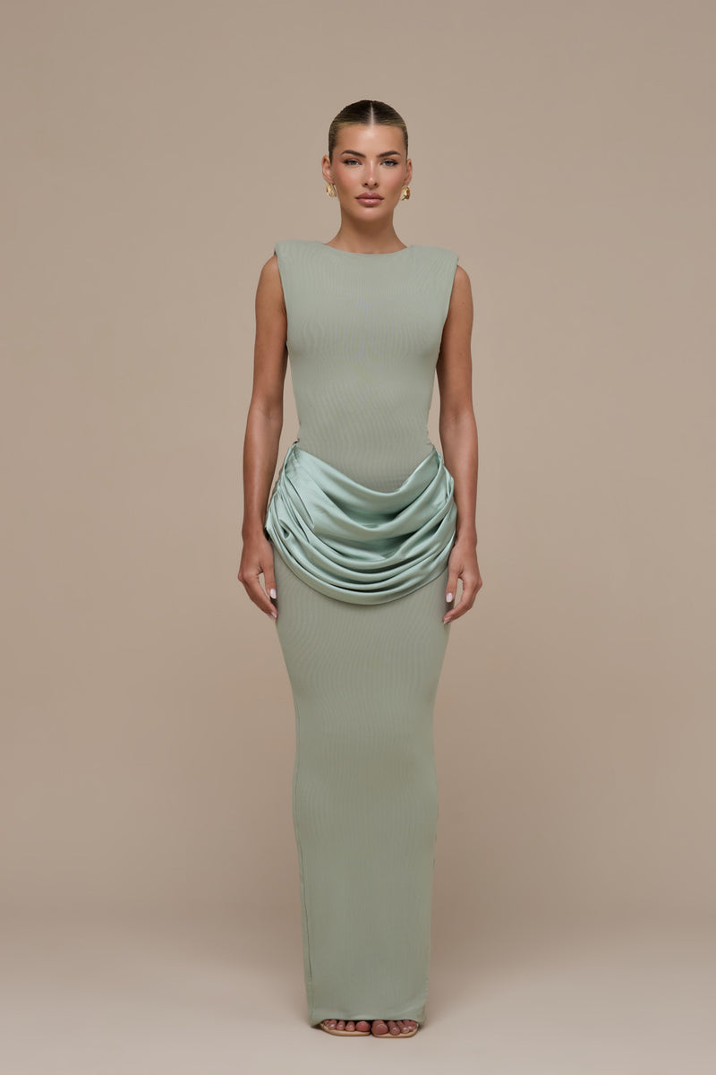 EMAN SLEEVELESS MAXI DRESS WITH SATIN DRAPED WAIST DETAIL | SAGE