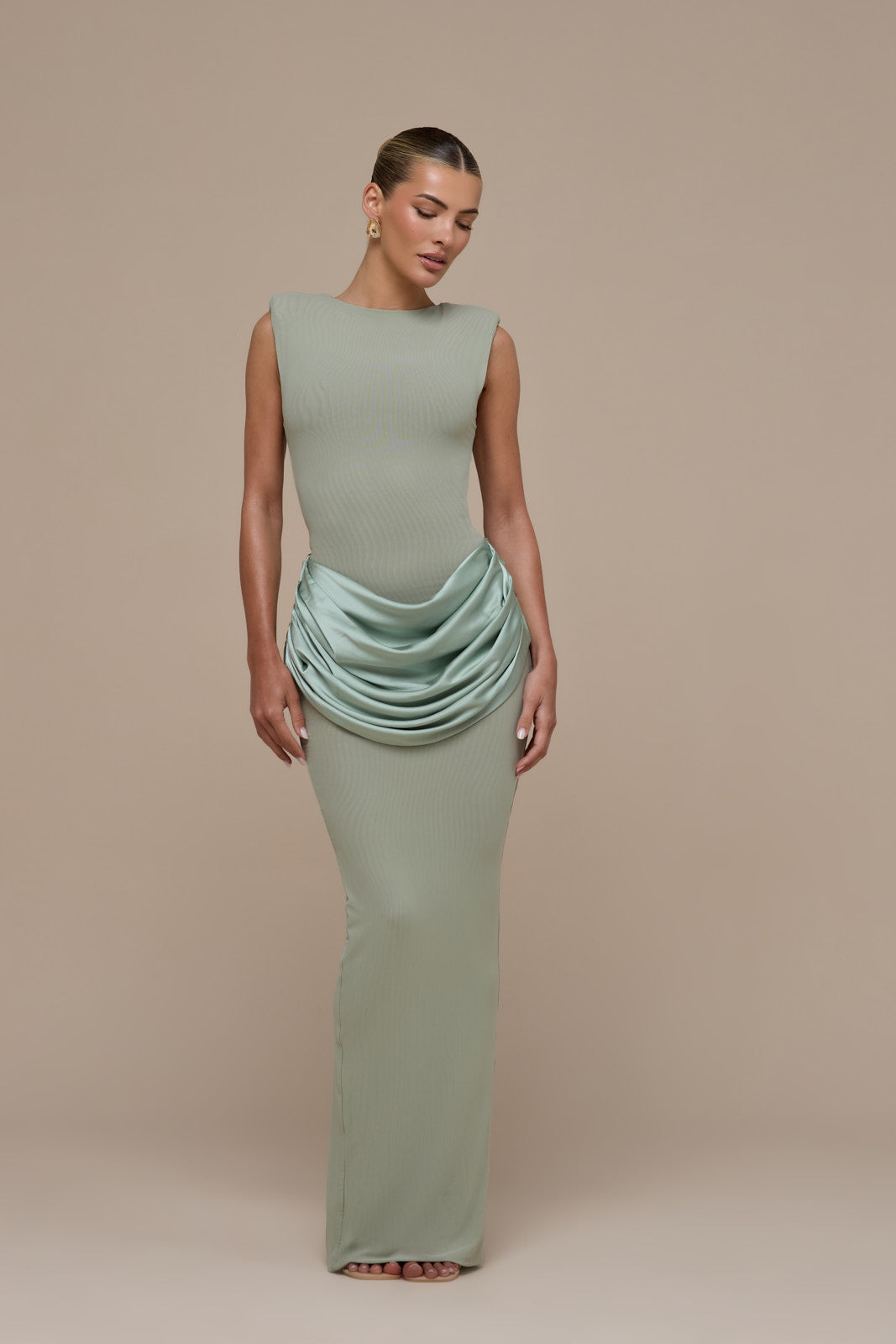 EMAN SLEEVELESS MAXI DRESS WITH SATIN DRAPED WAIST DETAIL | SAGE