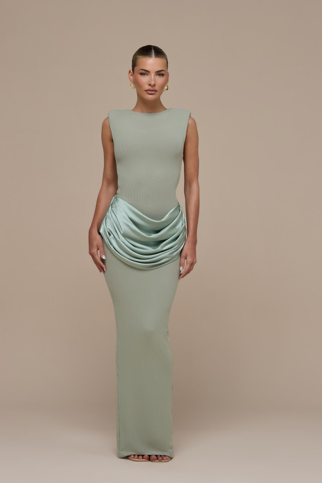 EMAN SLEEVELESS MAXI DRESS WITH SATIN DRAPED WAIST DETAIL | SAGE