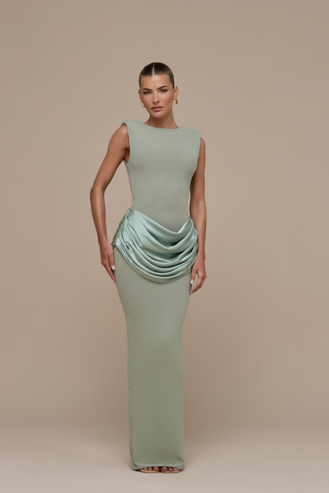 EMAN SLEEVELESS MAXI DRESS WITH SATIN DRAPED WAIST DETAIL | SAGE