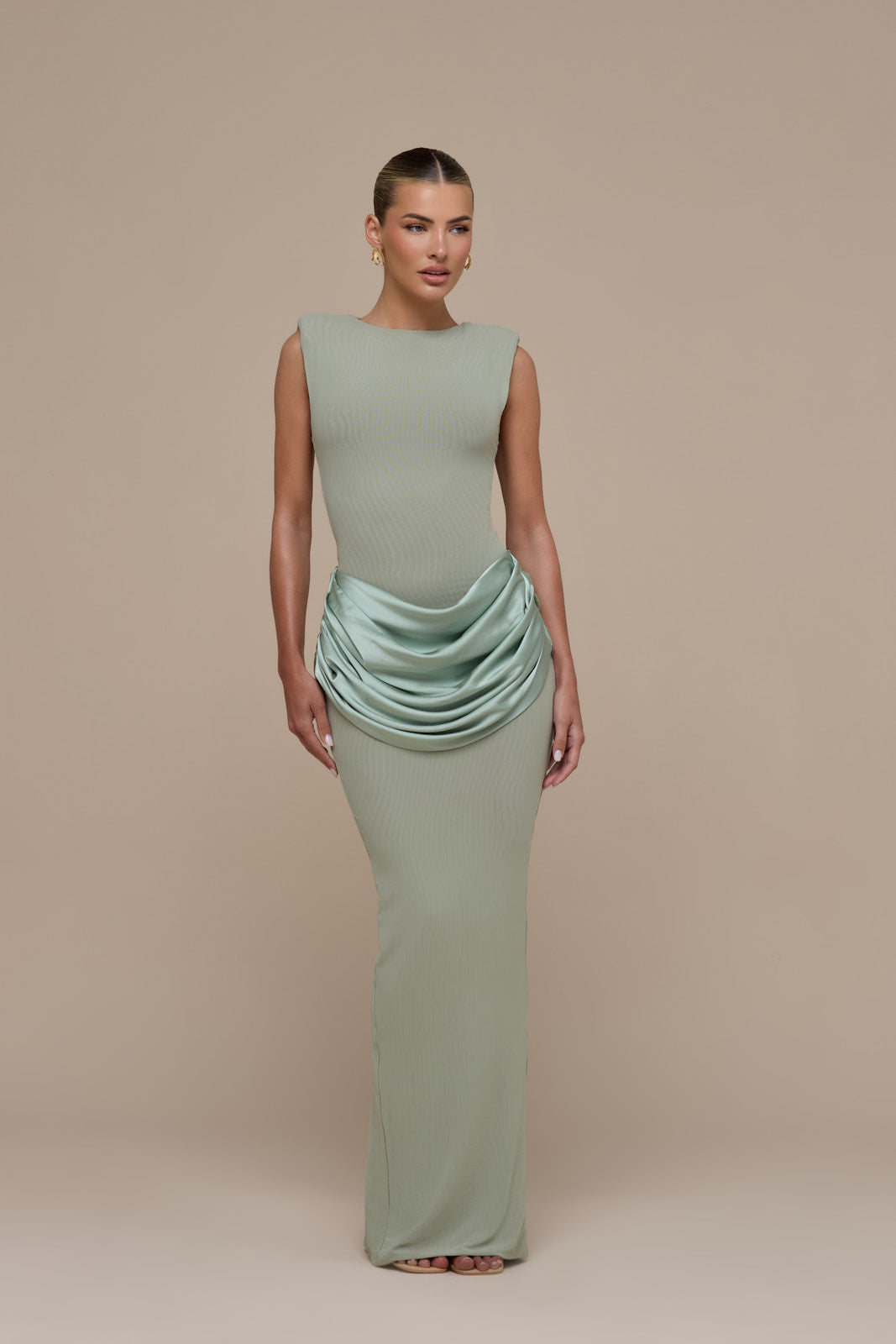 EMAN SLEEVELESS MAXI DRESS WITH SATIN DRAPED WAIST DETAIL | SAGE