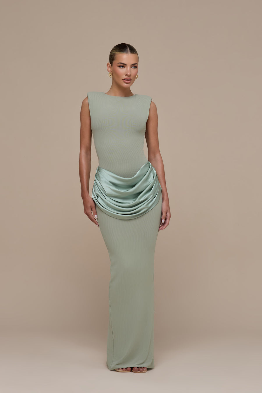 EMAN SLEEVELESS MAXI DRESS WITH SATIN DRAPED WAIST DETAIL | SAGE