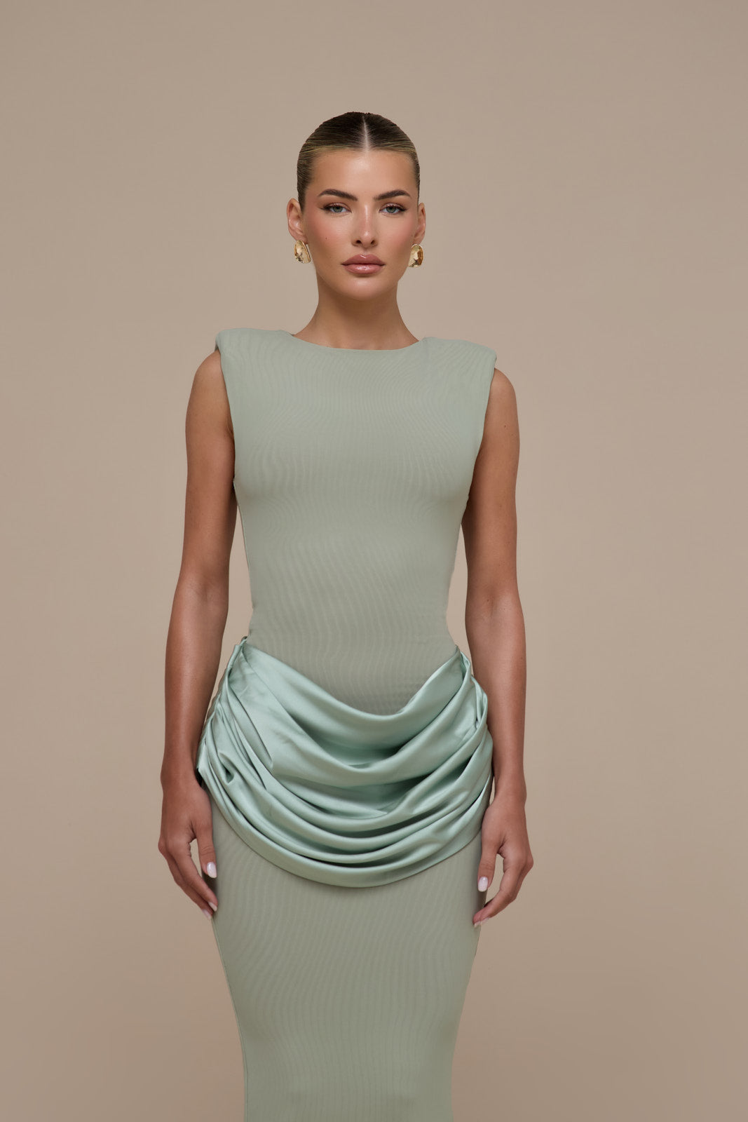 EMAN SLEEVELESS MAXI DRESS WITH SATIN DRAPED WAIST DETAIL | SAGE