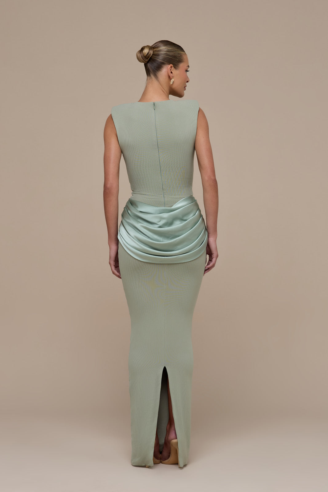 EMAN SLEEVELESS MAXI DRESS WITH SATIN DRAPED WAIST DETAIL | SAGE