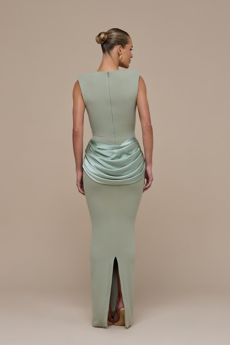 EMAN SLEEVELESS MAXI DRESS WITH SATIN DRAPED WAIST DETAIL | SAGE