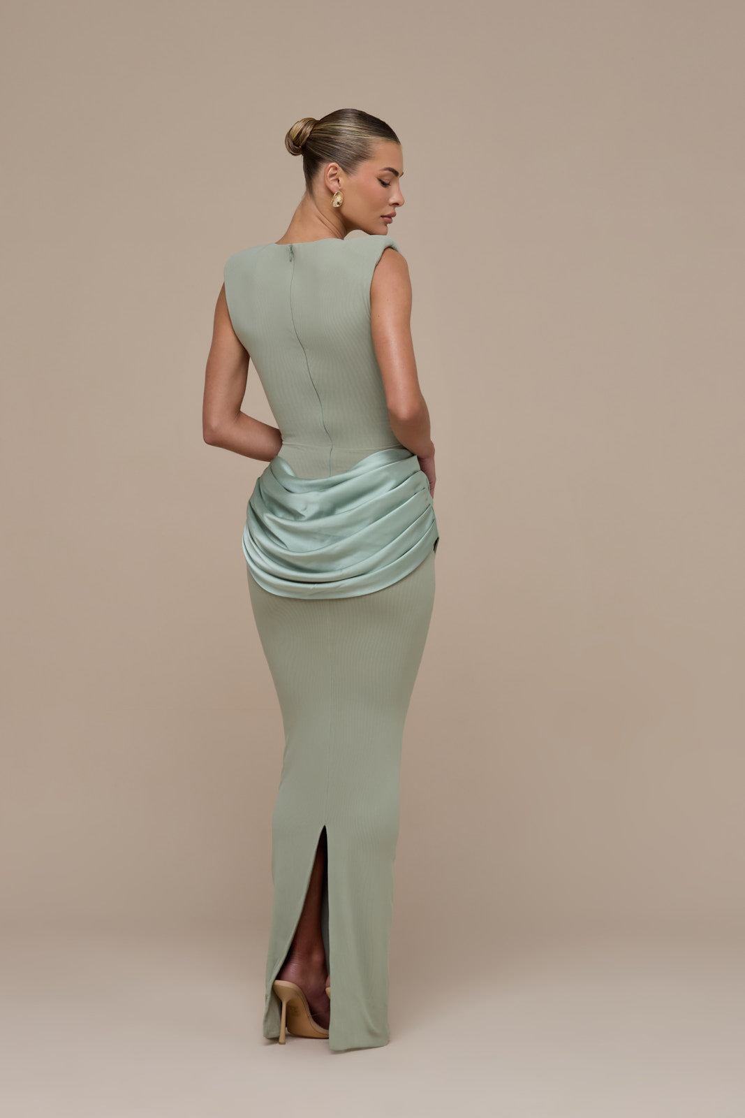 EMAN SLEEVELESS MAXI DRESS WITH SATIN DRAPED WAIST DETAIL | SAGE