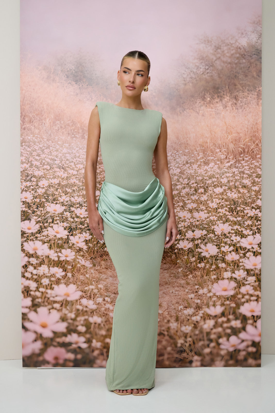 EMAN SLEEVELESS MAXI DRESS WITH SATIN DRAPED WAIST DETAIL | SAGE