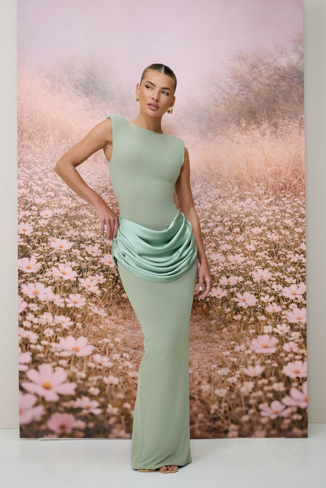 EMAN SLEEVELESS MAXI DRESS WITH SATIN DRAPED WAIST DETAIL | SAGE