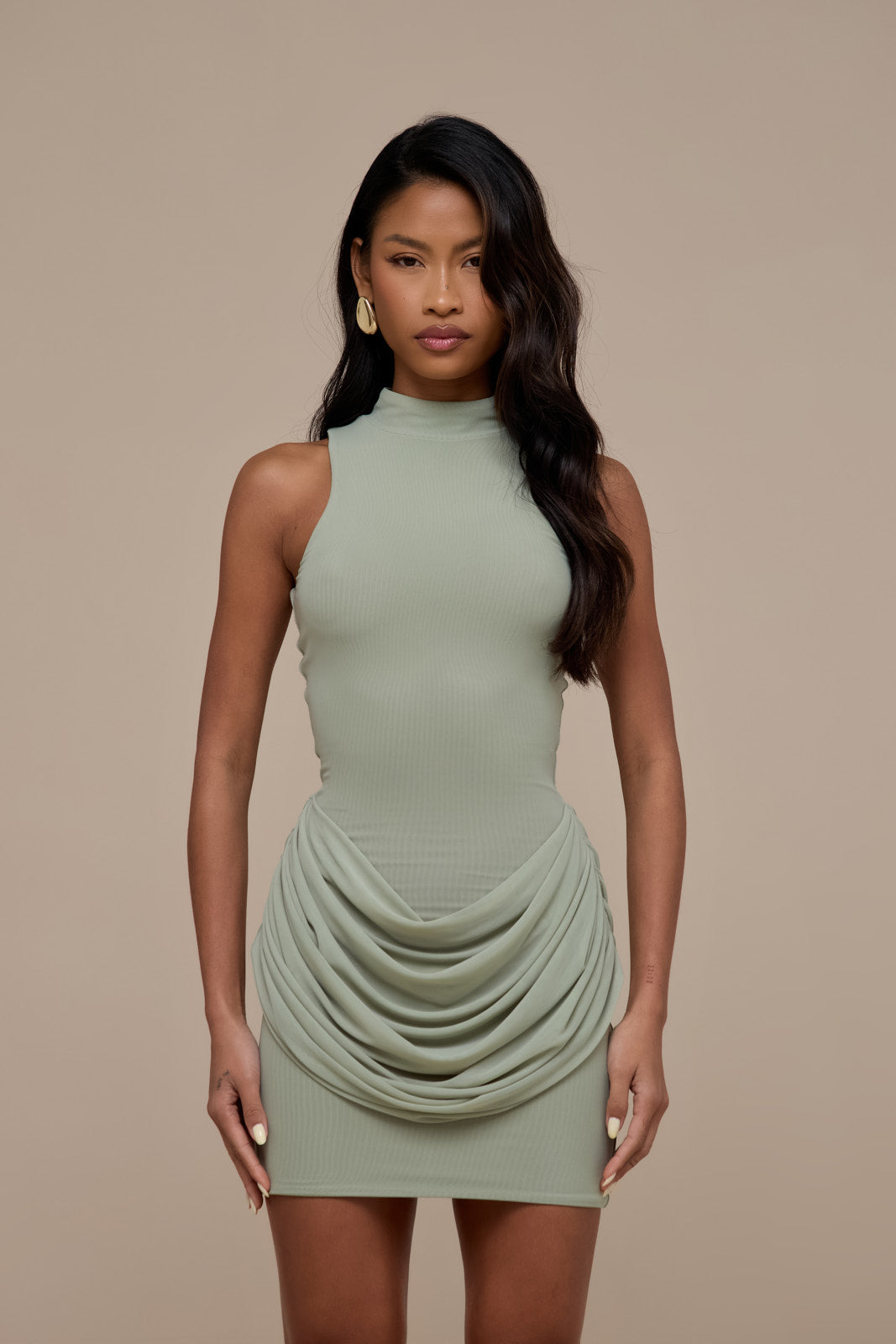 EMILY MINI DRESS WITH DRAPED RUCHED DETAIL | SAGE