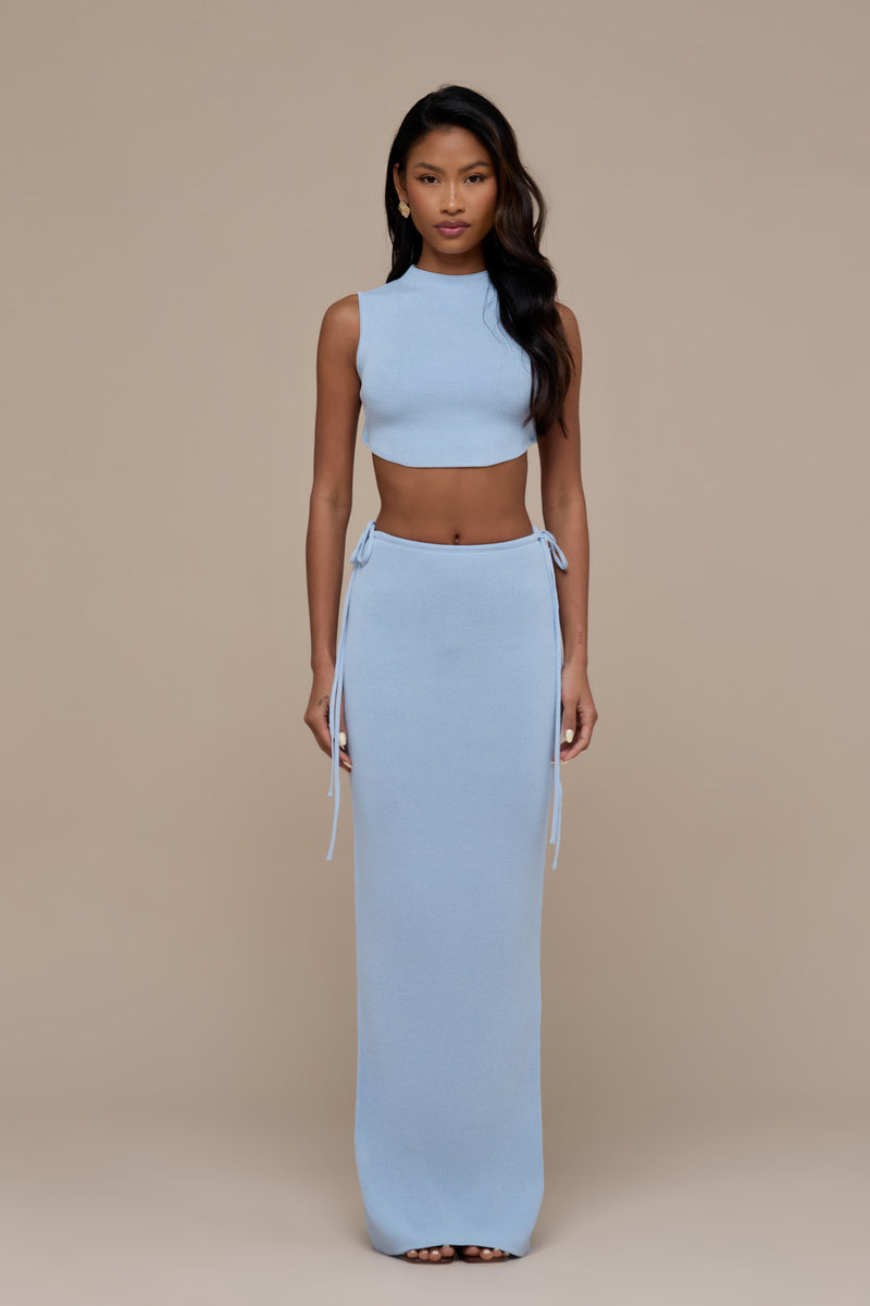 SIENNA KNITTED MAXI SKIRT WITH TIE WAIST DETAIL | BABY BLUE