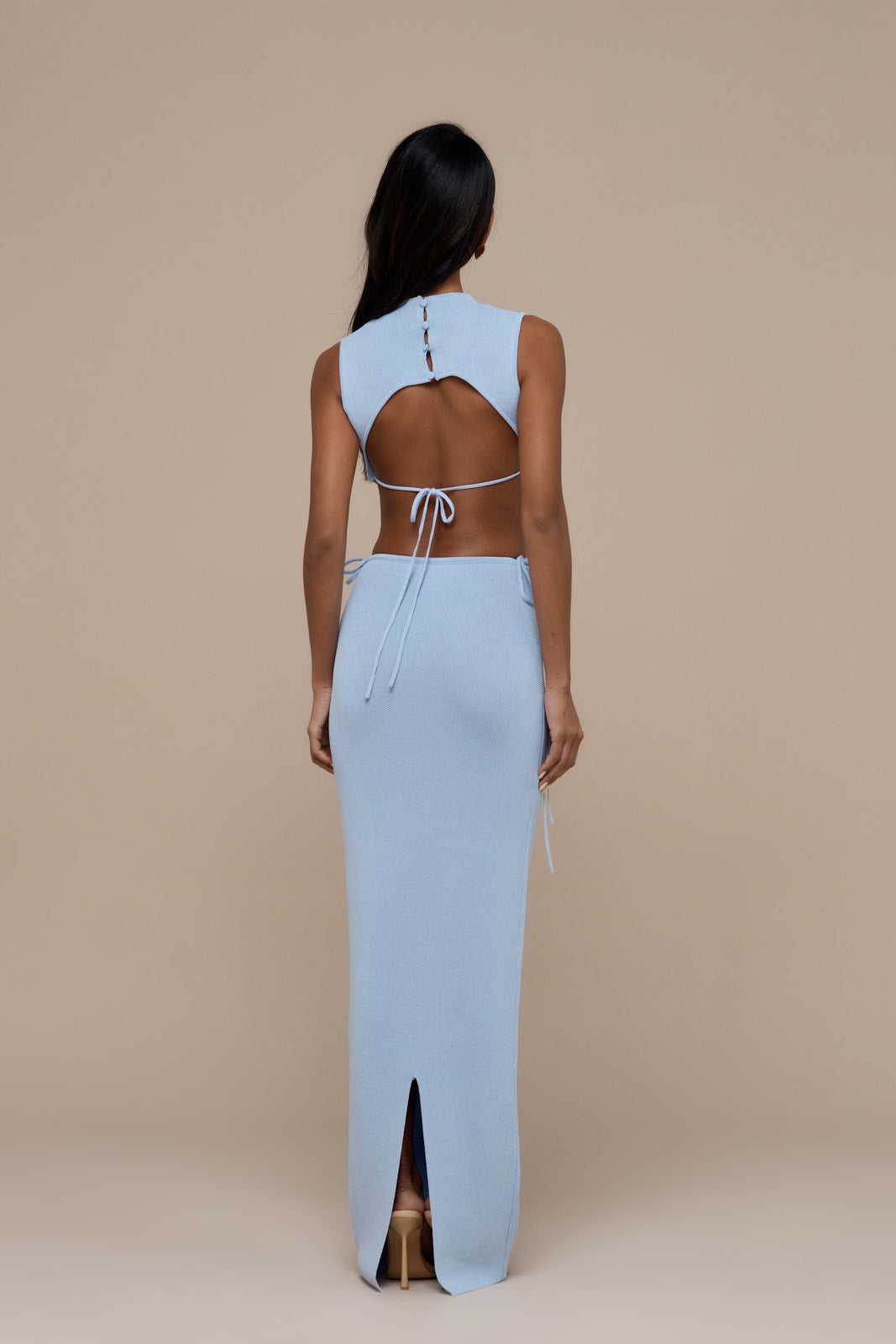 SIENNA SLEEVELESS KNITTED TOP WITH OPEN BACK BUTTON DETAIL | BABY BLUE