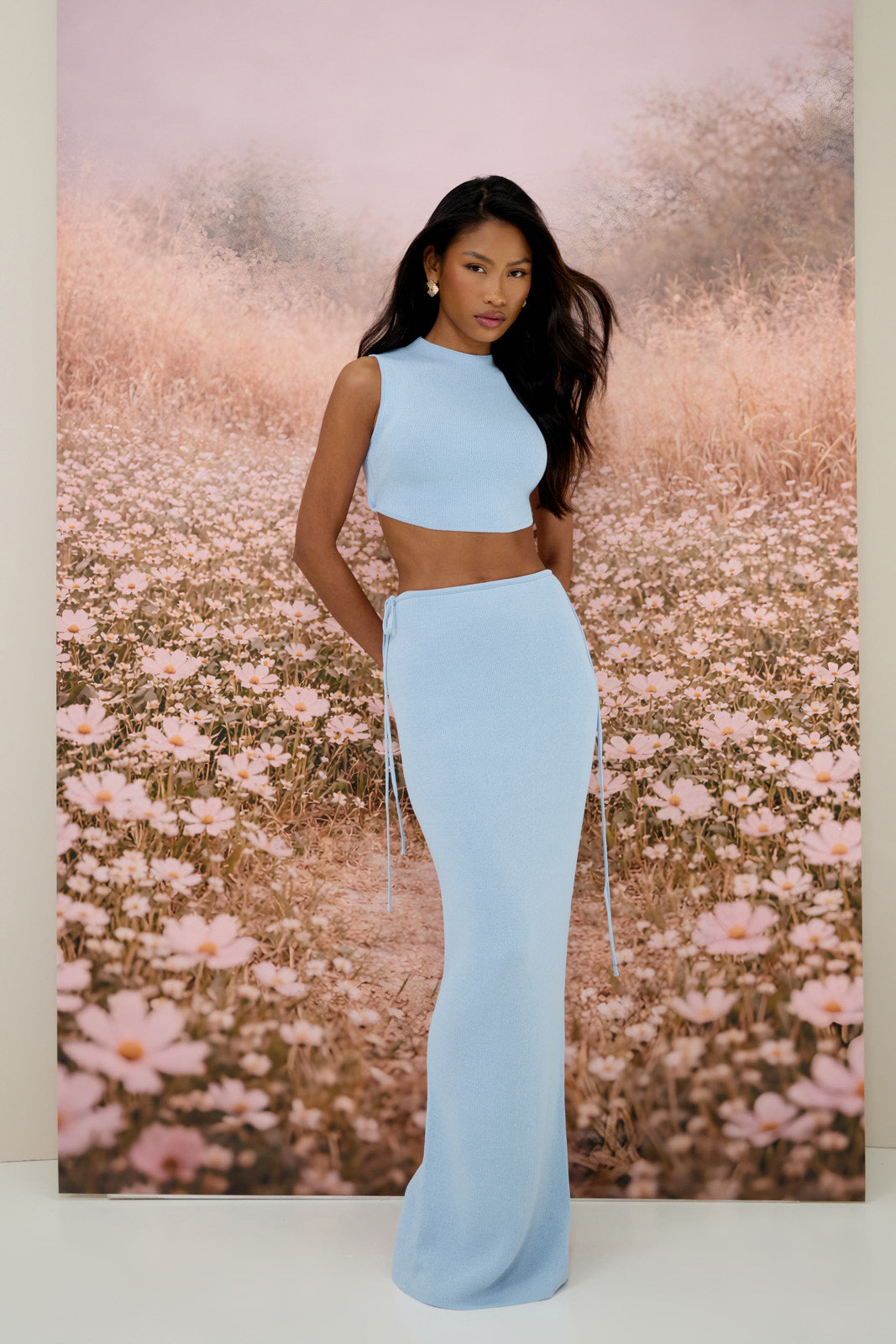 SIENNA KNITTED MAXI SKIRT WITH TIE WAIST DETAIL | BABY BLUE