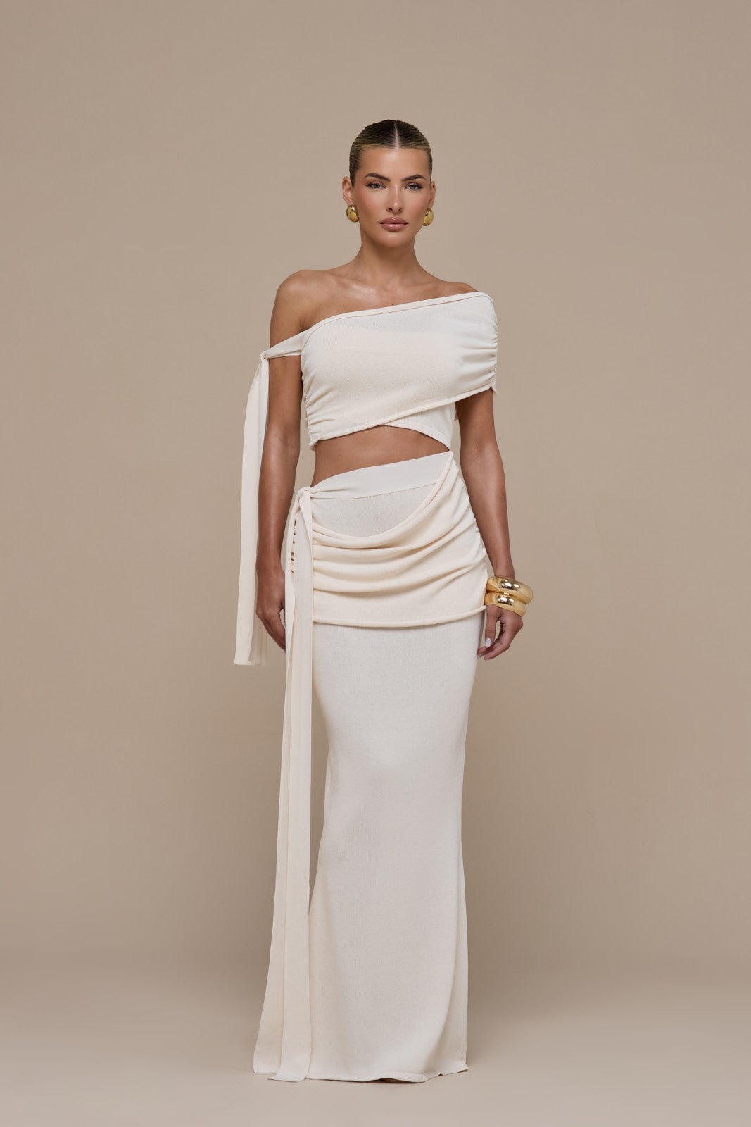 LOIS KNITTED MAXI SKIRT WITH DRAPE DETAIL | VANILLA