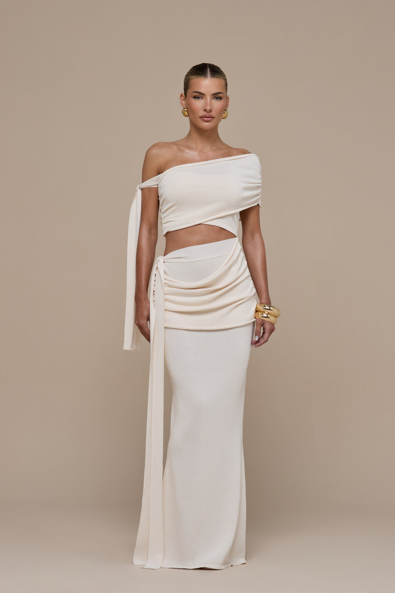 LOIS KNITTED MAXI SKIRT WITH DRAPE DETAIL | VANILLA