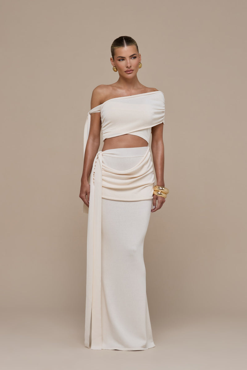 LOIS KNITTED MAXI SKIRT WITH DRAPE DETAIL | VANILLA