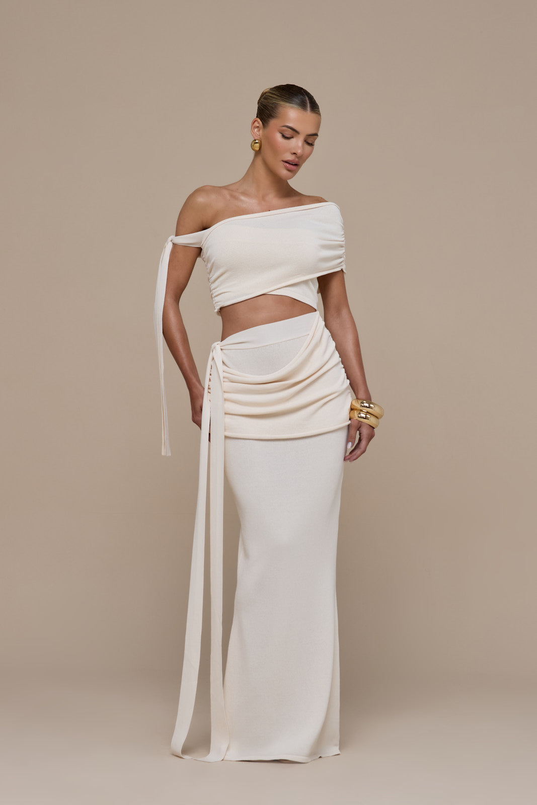 LOIS KNITTED MAXI SKIRT WITH DRAPE DETAIL | VANILLA