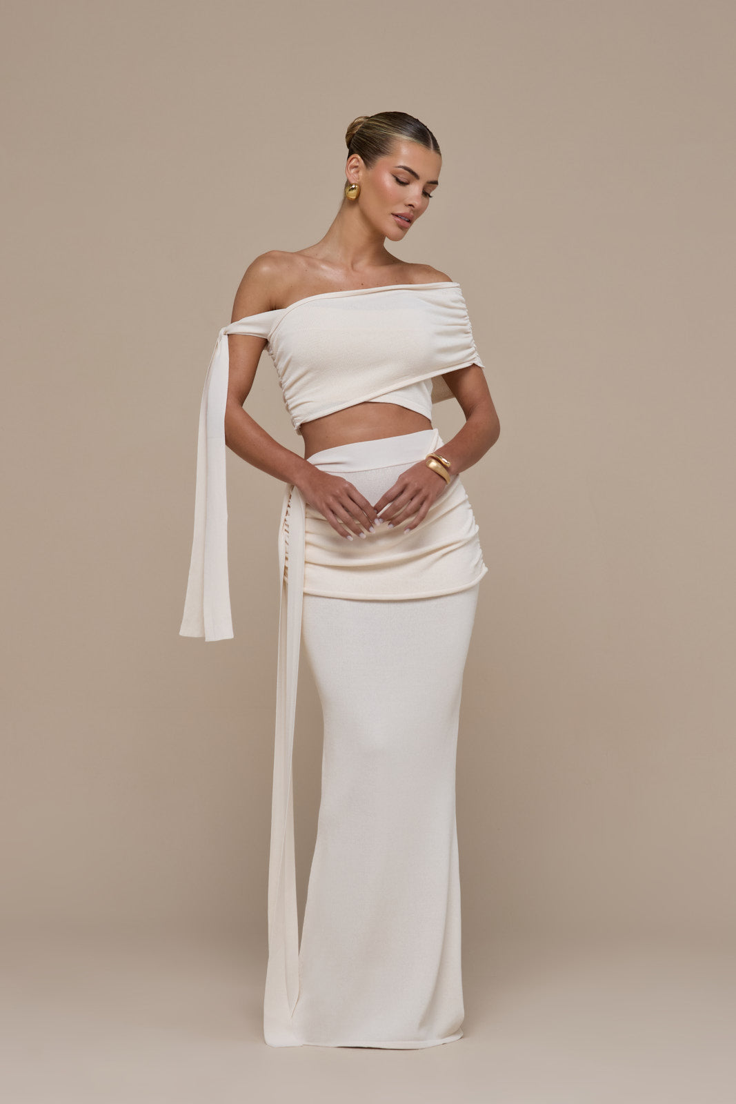 LOIS KNITTED MAXI SKIRT WITH DRAPE DETAIL | VANILLA