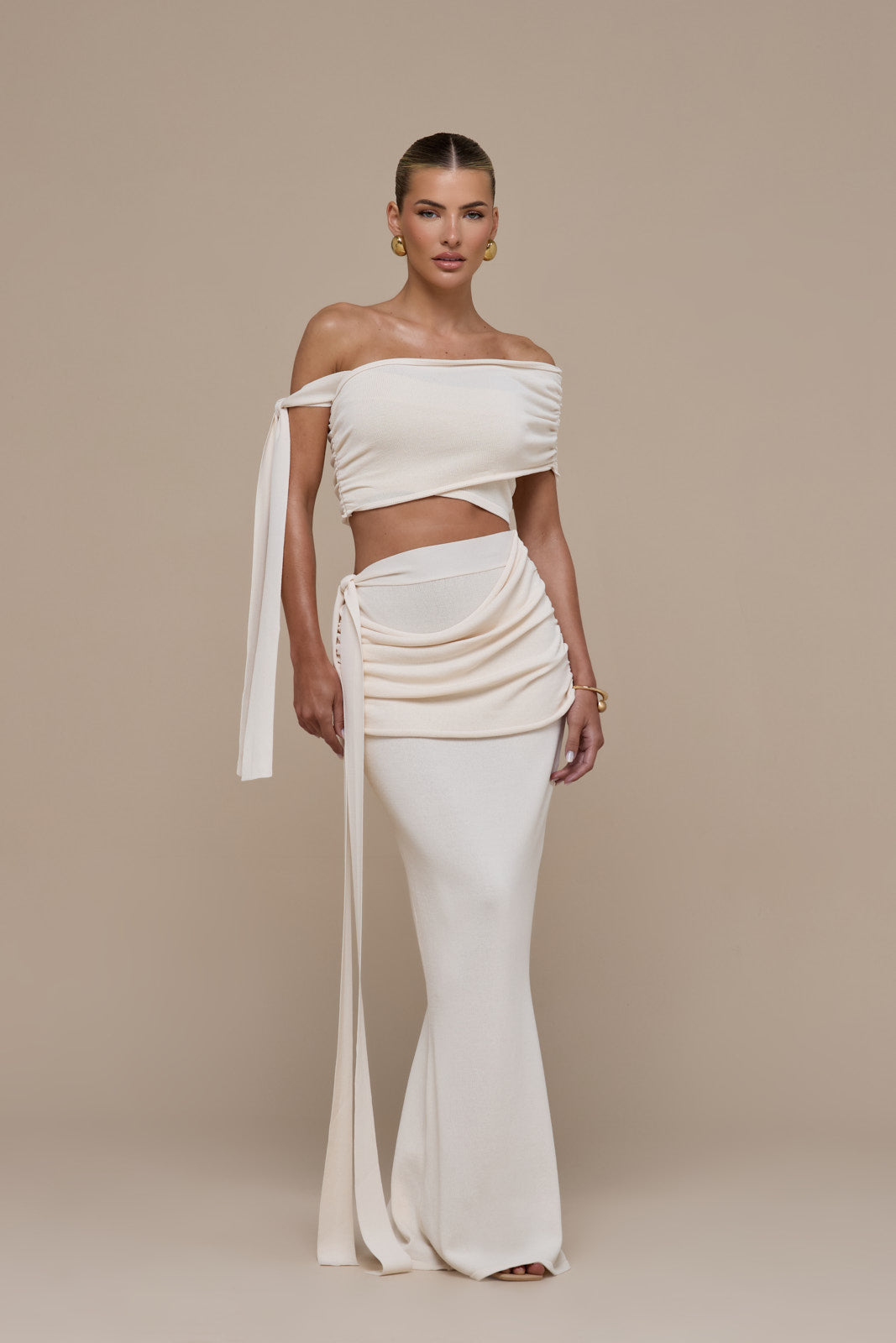 LOIS KNITTED OFF THE SHOULDER TIE DETAIL TOP | VANILLA