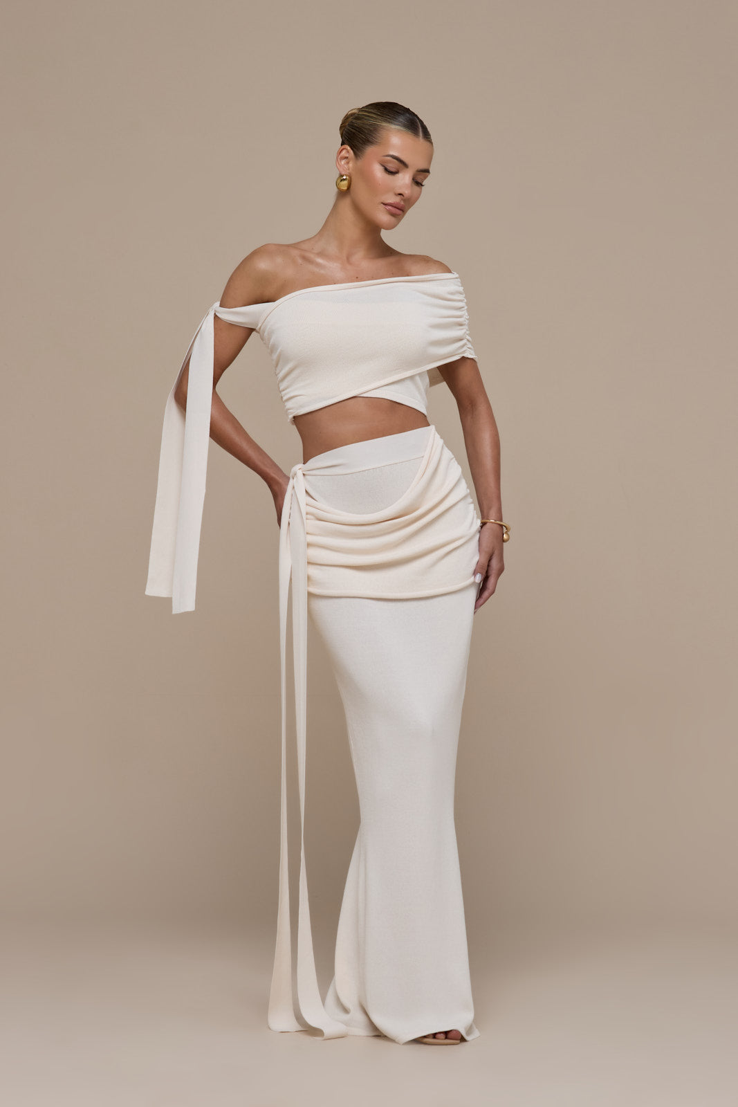 LOIS KNITTED MAXI SKIRT WITH DRAPE DETAIL | VANILLA