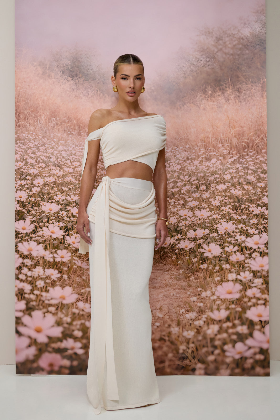 LOIS KNITTED MAXI SKIRT WITH DRAPE DETAIL | VANILLA