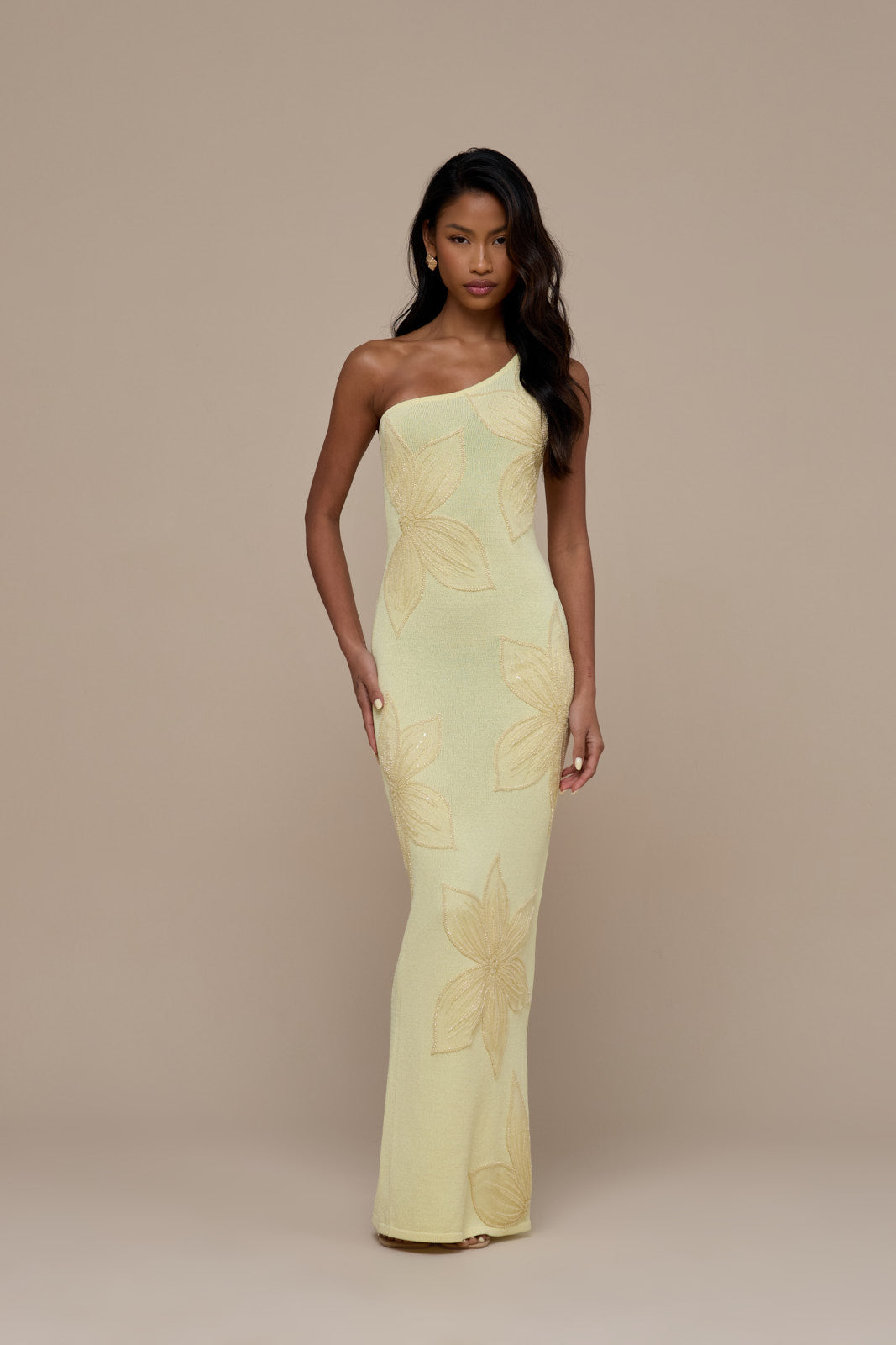 FLOSSIE KNITTED MAXI DRESS WITH BEADED FLORAL DETAIL | LEMON