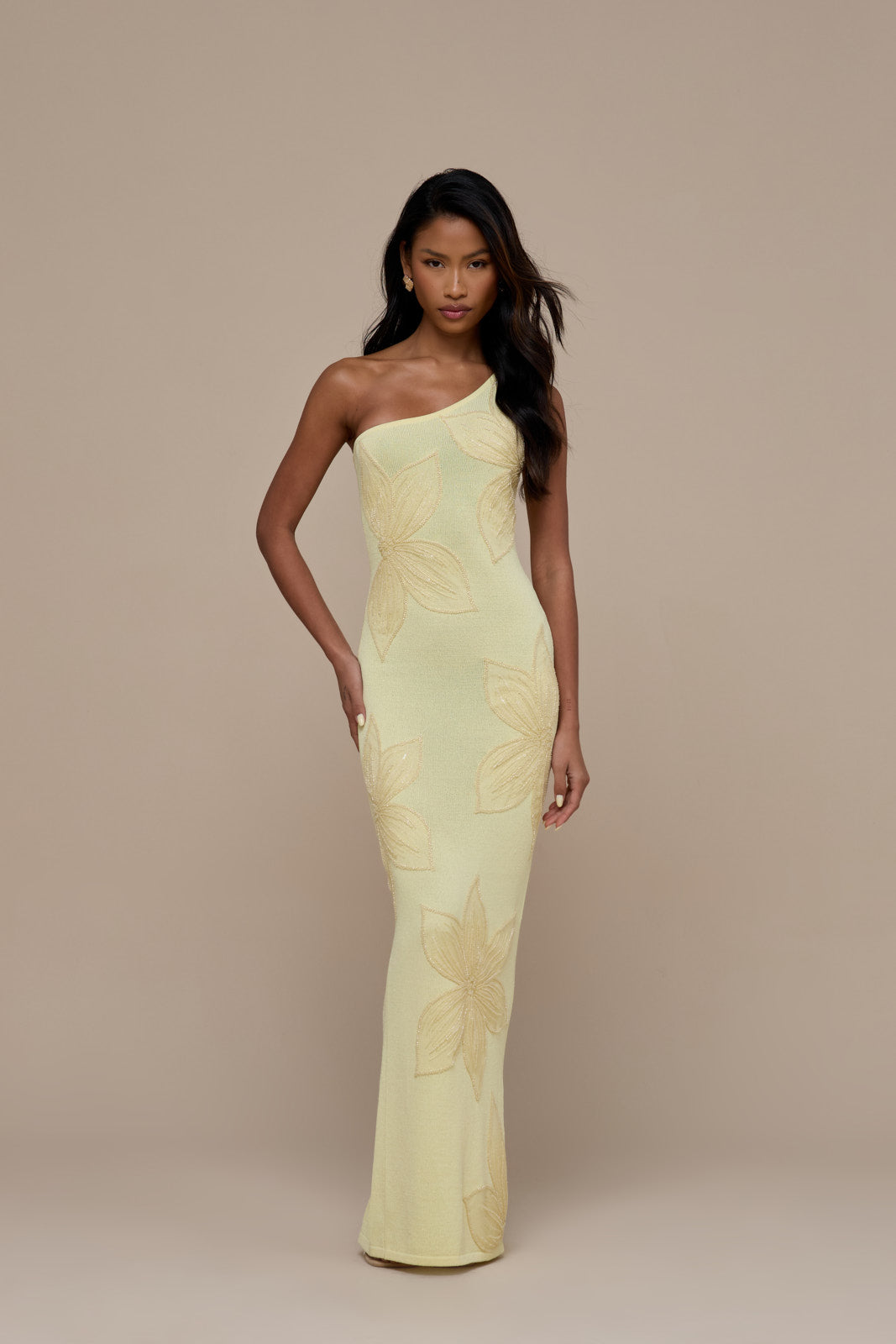 FLOSSIE KNITTED MAXI DRESS WITH BEADED FLORAL DETAIL | LEMON