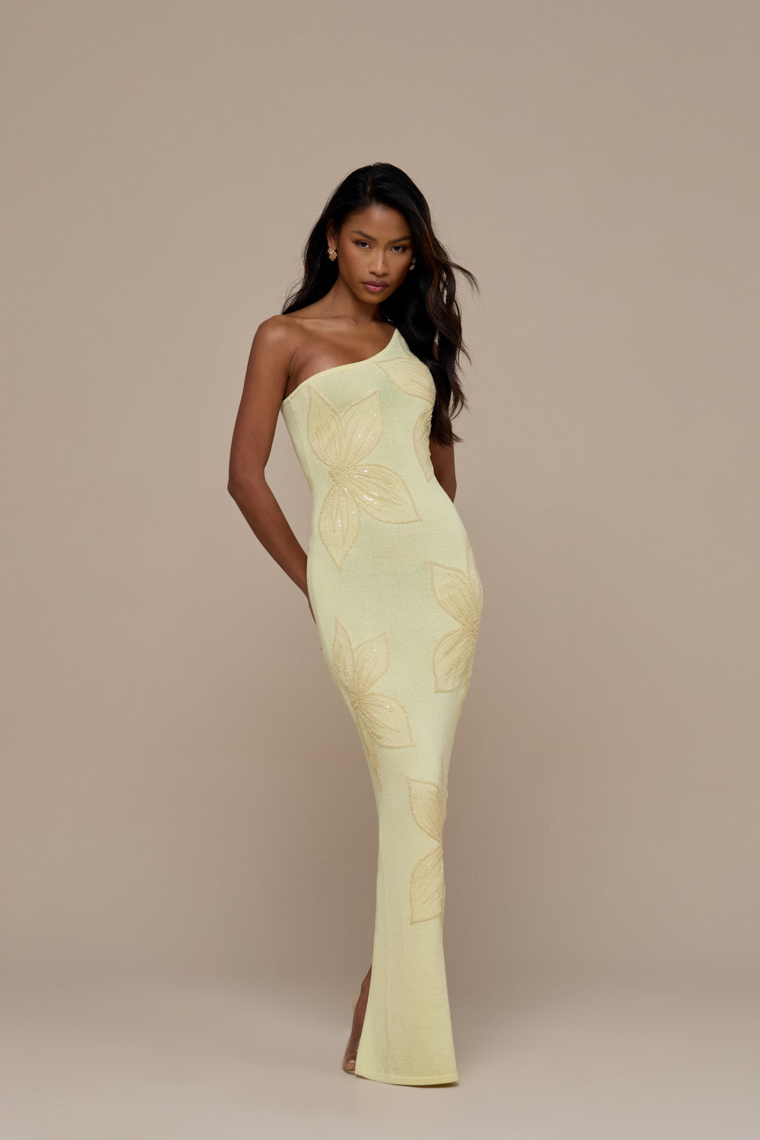 FLOSSIE KNITTED MAXI DRESS WITH BEADED FLORAL DETAIL | LEMON
