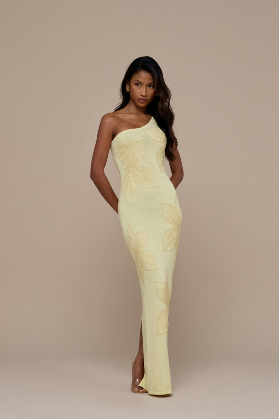 FLOSSIE KNITTED MAXI DRESS WITH BEADED FLORAL DETAIL | LEMON