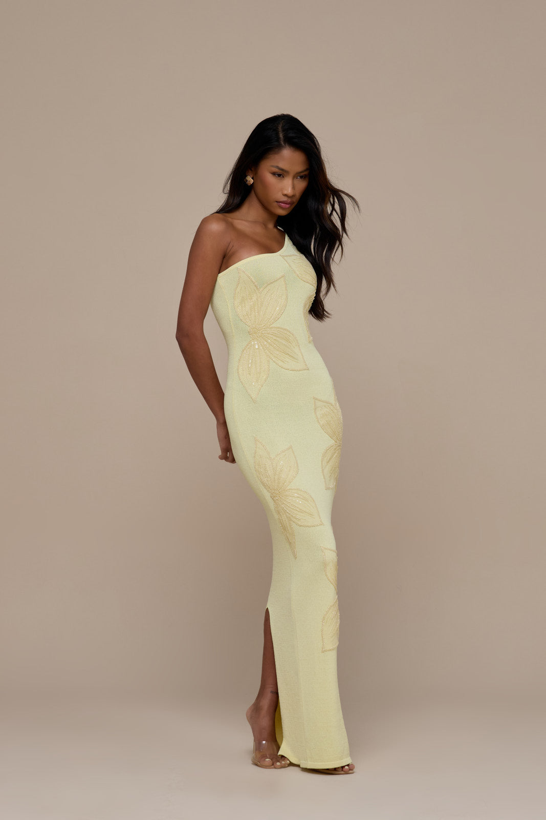 FLOSSIE KNITTED MAXI DRESS WITH BEADED FLORAL DETAIL | LEMON