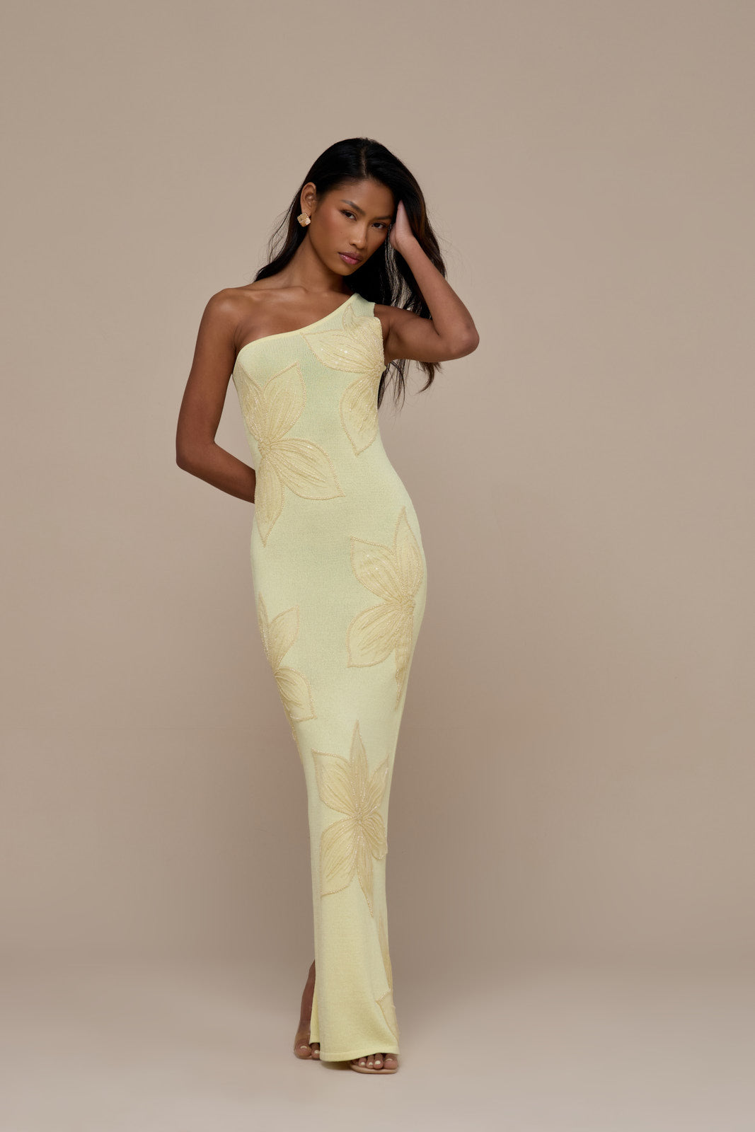 FLOSSIE KNITTED MAXI DRESS WITH BEADED FLORAL DETAIL | LEMON