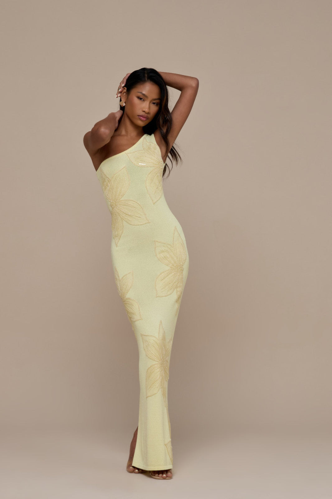 FLOSSIE KNITTED MAXI DRESS WITH BEADED FLORAL DETAIL | LEMON